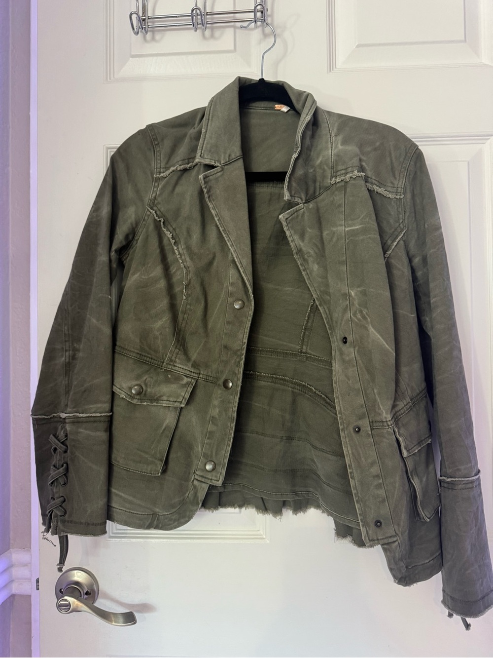 Free People Olive Green Utility Jean Jacket with Lace-Up Cuffs